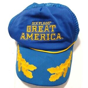 Six Flags Great America Vintage Blue Trucker Hat Cap Gold Feathers 1980s 1990s